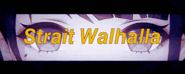 a close up of a girl 's eyes with the words " strait walhalla " in yellow letters