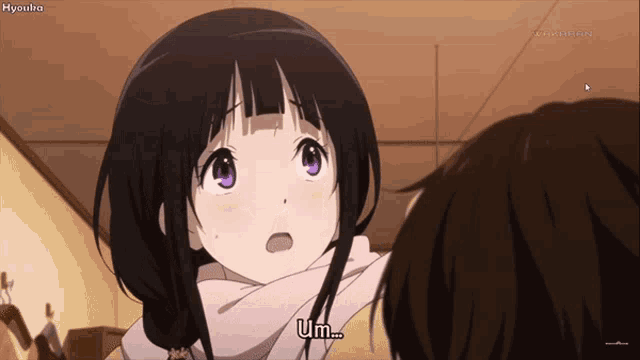 a girl with purple eyes says um in front of a guy