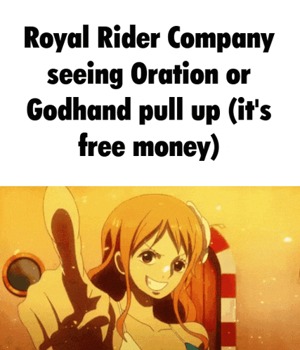 a picture of a girl with the words royal rider company seeing oration or godhand pull up ( it 's free money )