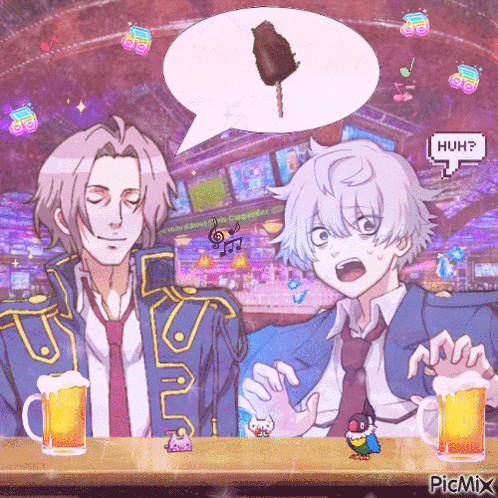 a couple of anime characters sitting at a table with beer mugs and a speech bubble that says huh