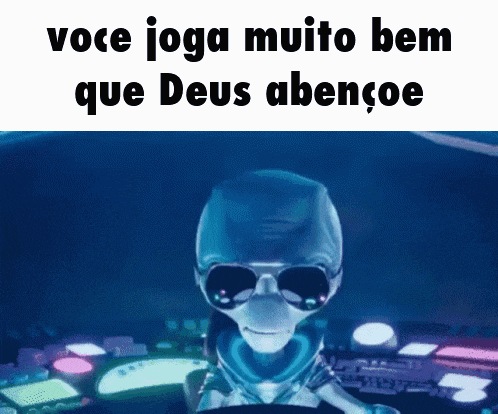 a picture of an alien wearing sunglasses with the words " voce joga muito bem que deus abencoe "
