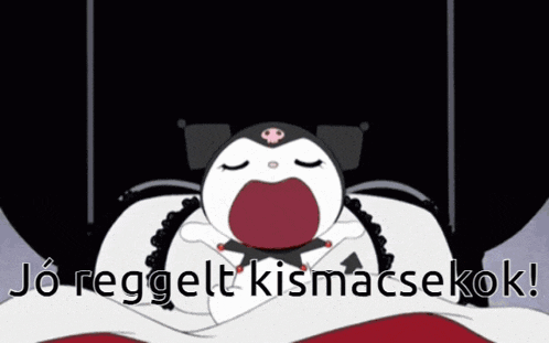 a cartoon character is laying in bed with her mouth open and the words jo reggelt kismacsok written below her .