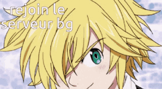 a close up of a person 's face with the words rejoin le serveur bg written on it