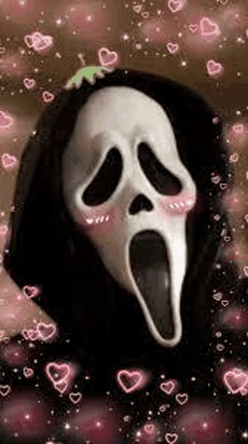 a scream mask is surrounded by pink hearts and stars .