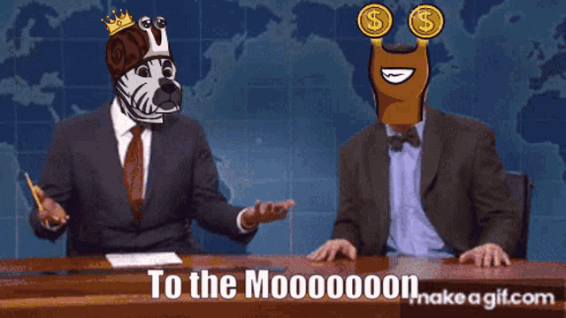 a cartoon of two men sitting at a table with the words " to the moooooon " on the bottom