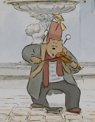 a cartoon of a man playing a violin with a bird on his hat