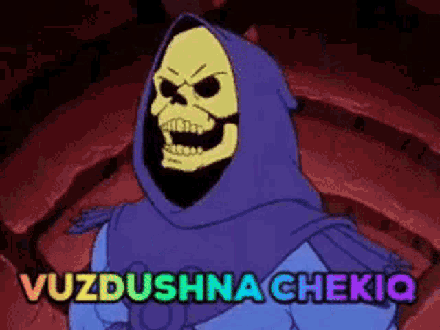 a cartoon of a skeleton wearing a purple hood with the words " vüzdusha chekiq " on the bottom right