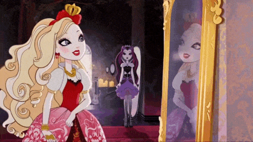 a cartoon girl looking at herself in a mirror