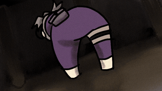 a cartoon drawing of a person in purple pants with the letter s on it