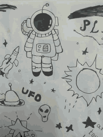 a drawing of an astronaut flying through space with the words ufo written on it .