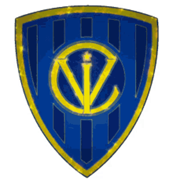 a blue and yellow shield with the letter v in the middle