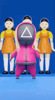 a person in a pink suit with a triangle on the back is standing in front of three dolls .