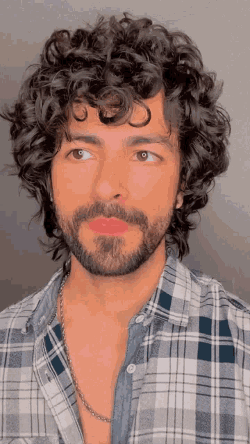a man with curly hair and a beard is wearing a plaid shirt and a chain around his neck