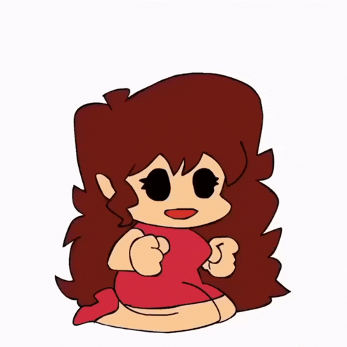 a cartoon girl with red hair is kneeling down and pointing at the viewer .