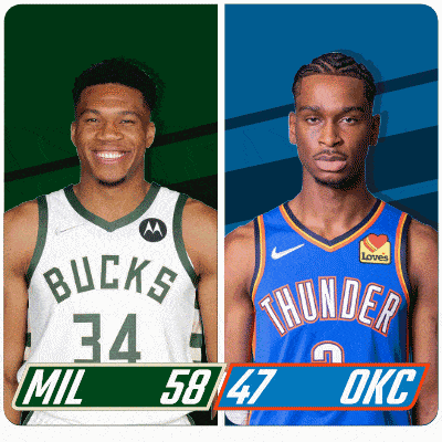 two basketball players one from the bucks and one from the thunder are standing next to each other
