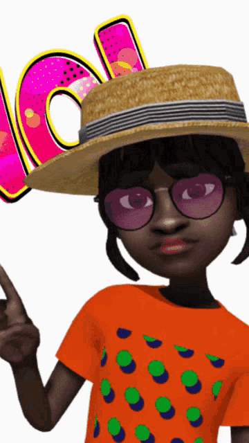 a cartoon girl wearing a straw hat and sunglasses points to a lol sign