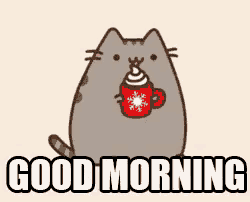 a cartoon cat is holding a cup of hot chocolate and the words good morning are below it