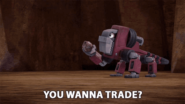 a robot holding a rock with the words you wanna trade below it