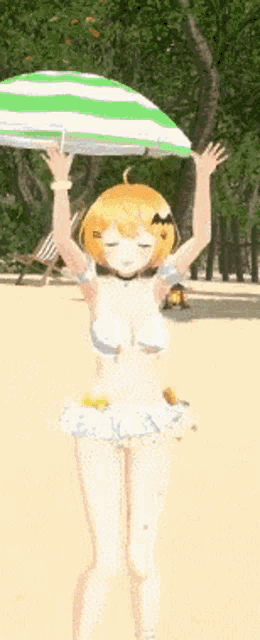 a cartoon girl in a bikini is holding an umbrella over her head .