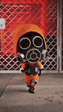 a cartoon character wearing a gas mask is walking on the street
