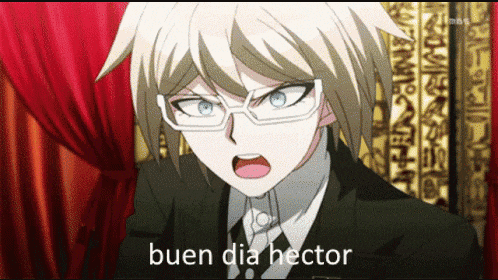 a cartoon character with glasses and a suit says buen dia hector