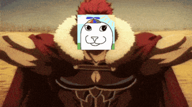 a man in a red cape has a picture of a cat on his head