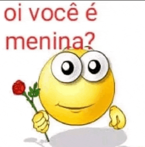 a cartoon smiley face is holding a red rose and says `` oi voce e menina ? ''