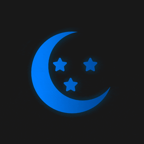 a blue crescent moon with three stars on a dark background