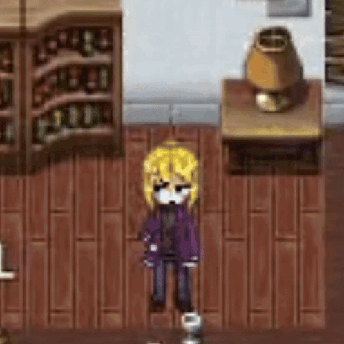 a girl with blonde hair is standing on a wooden floor in a room .