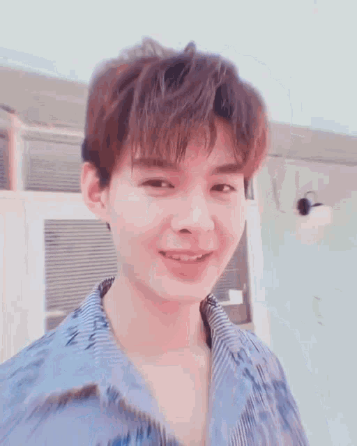 a young man wearing a blue striped shirt is smiling .