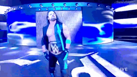 a wrestler is standing on a stage wearing a wrestling championship belt .