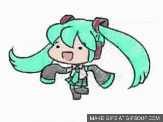 a drawing of hatsune miku with long hair and headphones is flying in the air .