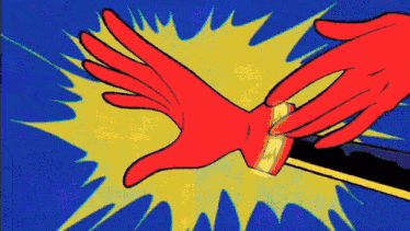 a cartoon drawing of a person 's hand holding a sword