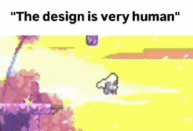 a video game scene with the words " the design is very human " above it