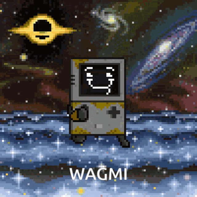 a pixel art drawing of a game boy with the name wagmi on the bottom