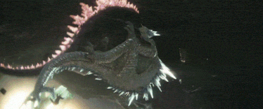 a statue of a monster with a purple head is floating in the dark