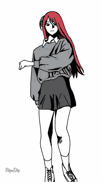 a black and white drawing of a girl with red hair and the words flipa clip below her