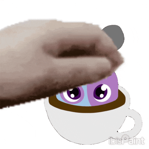 a cat 's paw is reaching for a cartoon character in a cup