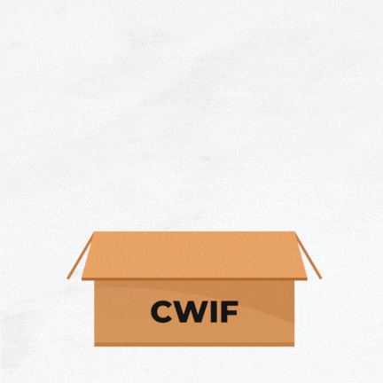 a magnifying glass shows a cat wearing a hat and a box with the word cwif on it