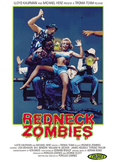a poster for redneck zombies shows a group of people sitting on a bench