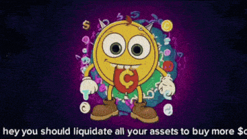 a cartoon character with a coin in his mouth and the words " hey you should liquidate all your assets to buy more "