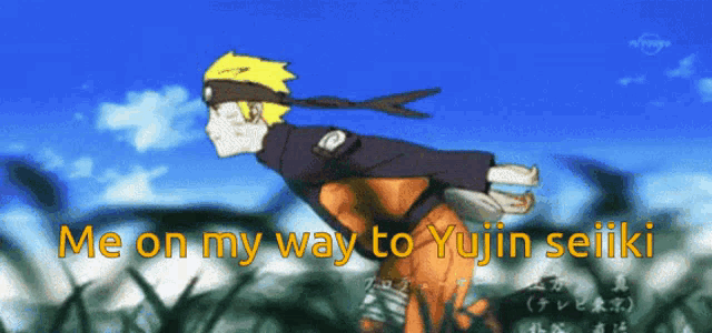 a cartoon character with the words " me on my way to yujin seiki " on the bottom