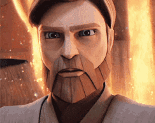a cartoon character with a beard and green eyes looks at the camera