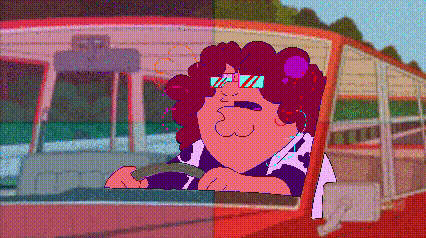 a cartoon of a man driving a bus with sunglasses on his head
