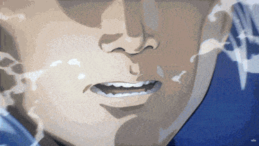 a close up of a man 's face with a blue background