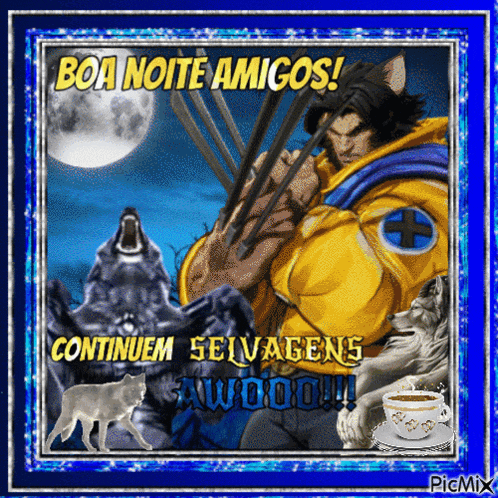 a picture of wolves and a man with the words boa noite amigos written on it