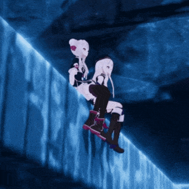 two anime characters are sitting on a wall with a blue background