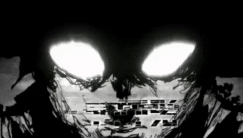 a black and white drawing of a monster with glowing eyes .
