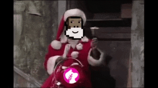 a man dressed as santa claus is holding a hammer and a bucket of candy .