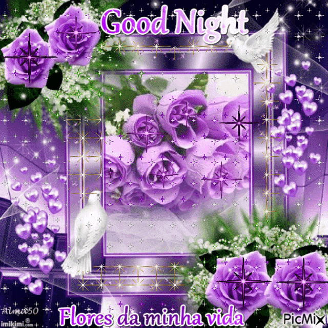 a picture of purple roses with the words good night flores da minha vida on it